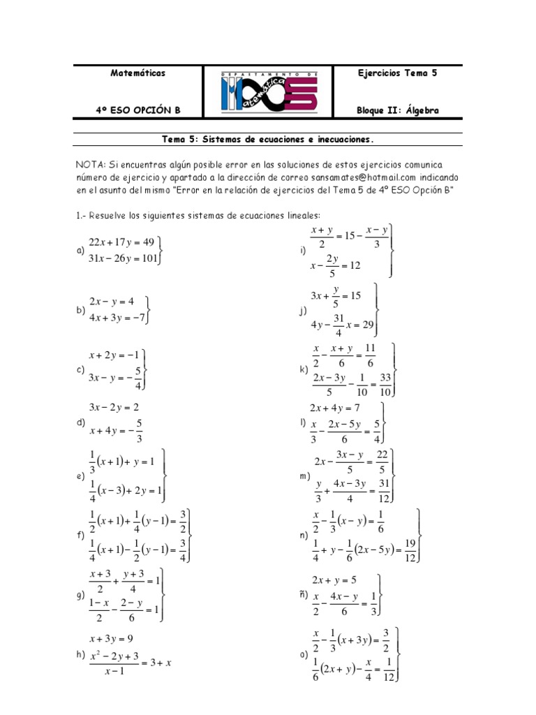 Ejercicios de matemáticas 4º ESO Ecuaciones Álgebra