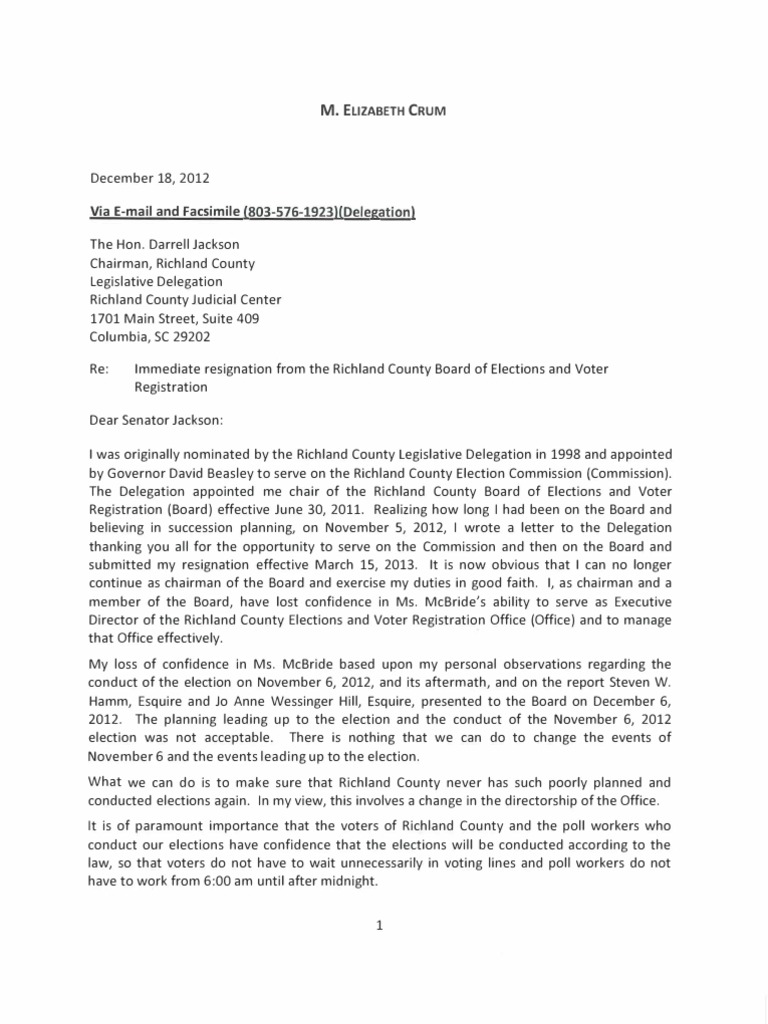 Liz Crum's letter of resignation | Chairman | Board Of ...