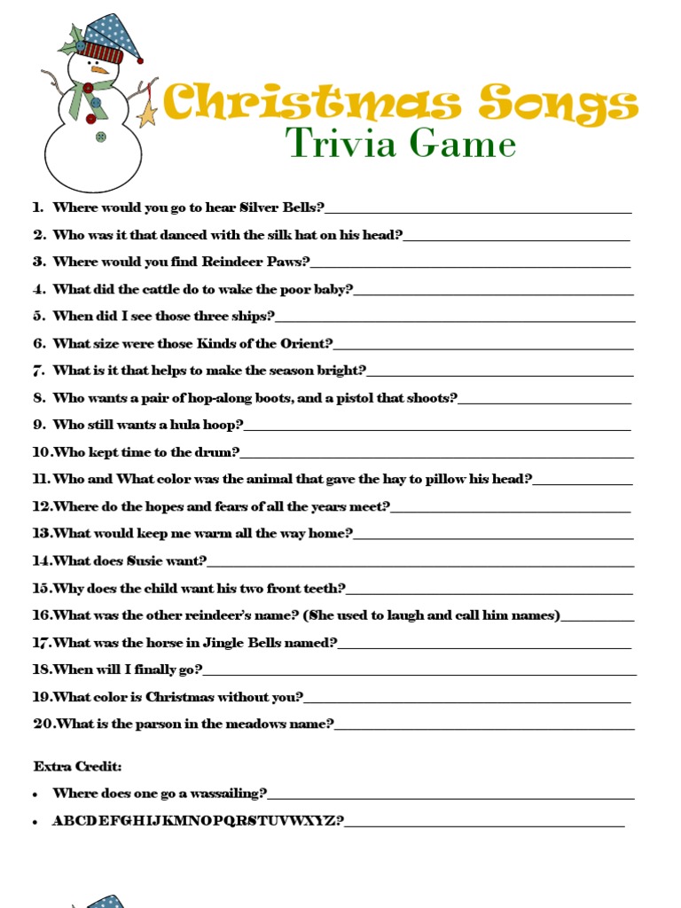 Christmas Song Trivia Quiz | PDF for Christmas Song Trivia Printable Free