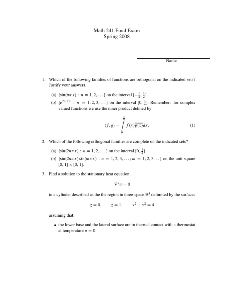 Math 241 Final Exam Spring 2008: ,) .:) - Remember: For Complex | PDF ...