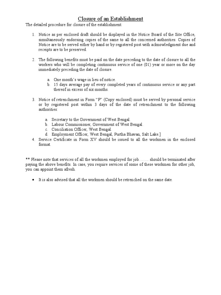 Establishment Closure Procedure Guide | PDF | Business Law | Common Law