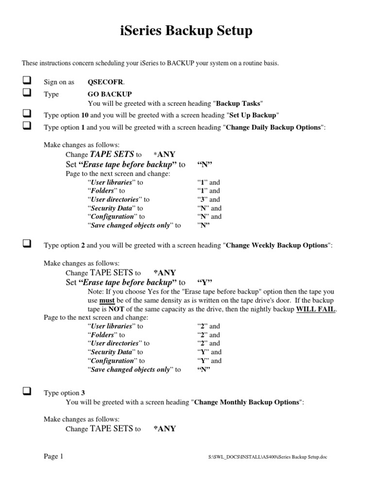 iSeries Backup Setup Instructions | PDF