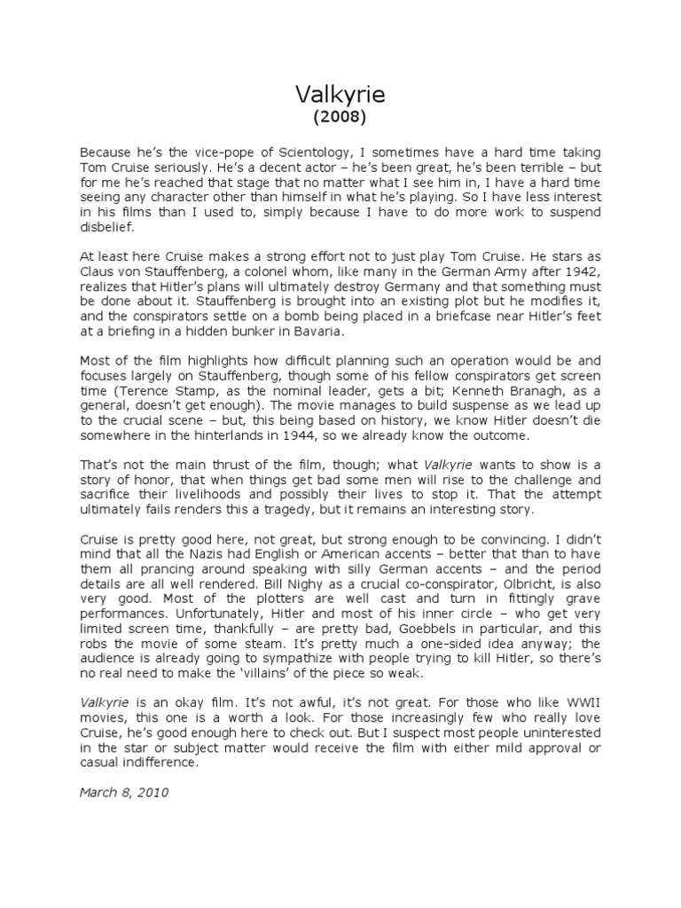 Valkyrie Movie Review | Download Free PDF | Unrest | Leisure