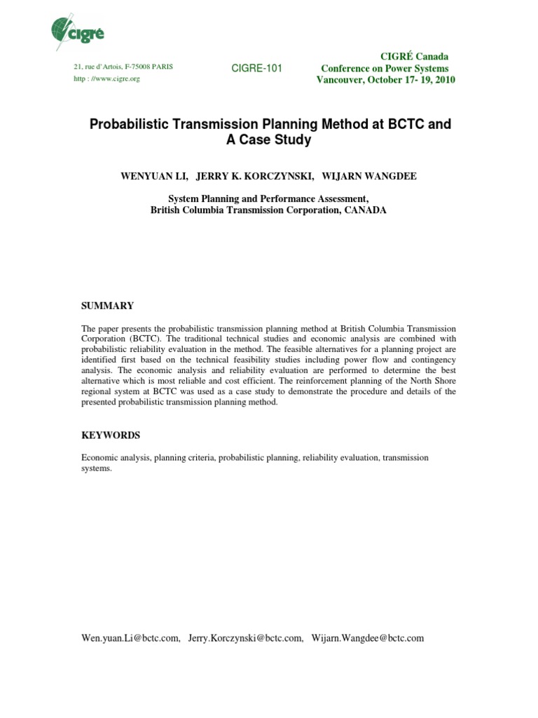 CIGRE-101 Probabilistic Transmission Planning Method at BCTC and A Case ...
