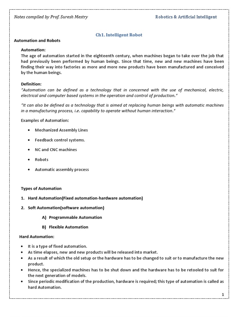 Robotics and Artificial Intelligence Short Notes Automation Geometry