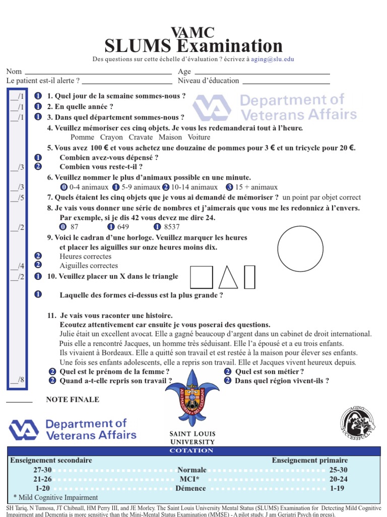 Saint Louis University Mental Status (SLUMS) Examination French PDF