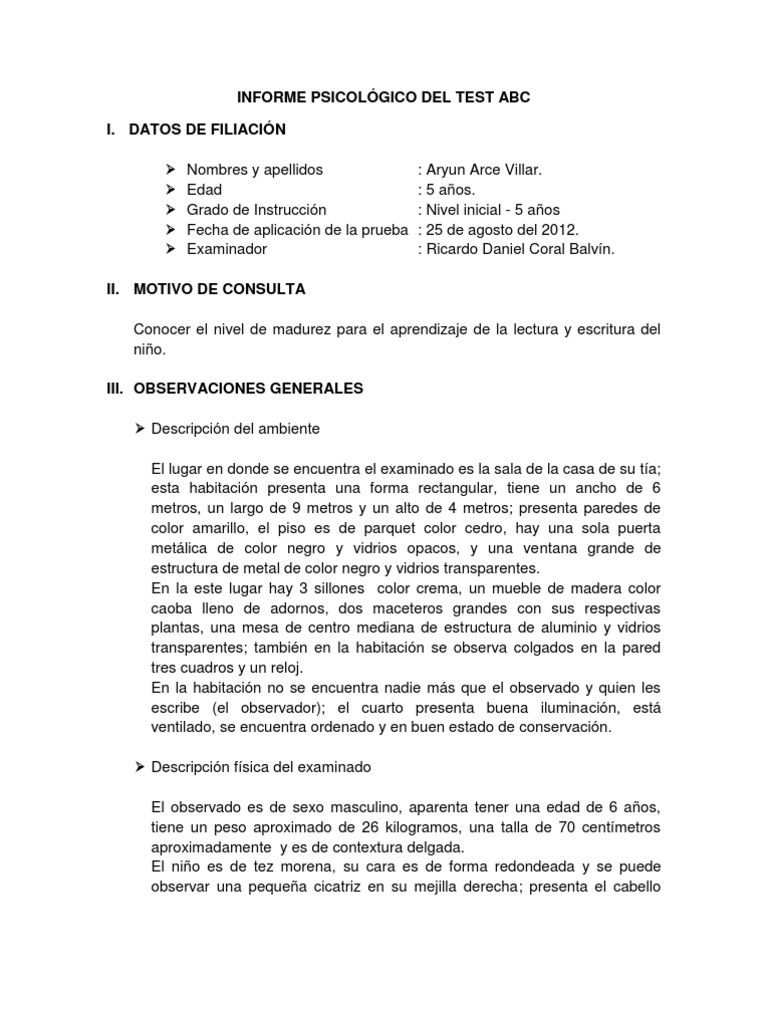 Informe psicologico del test ABC
