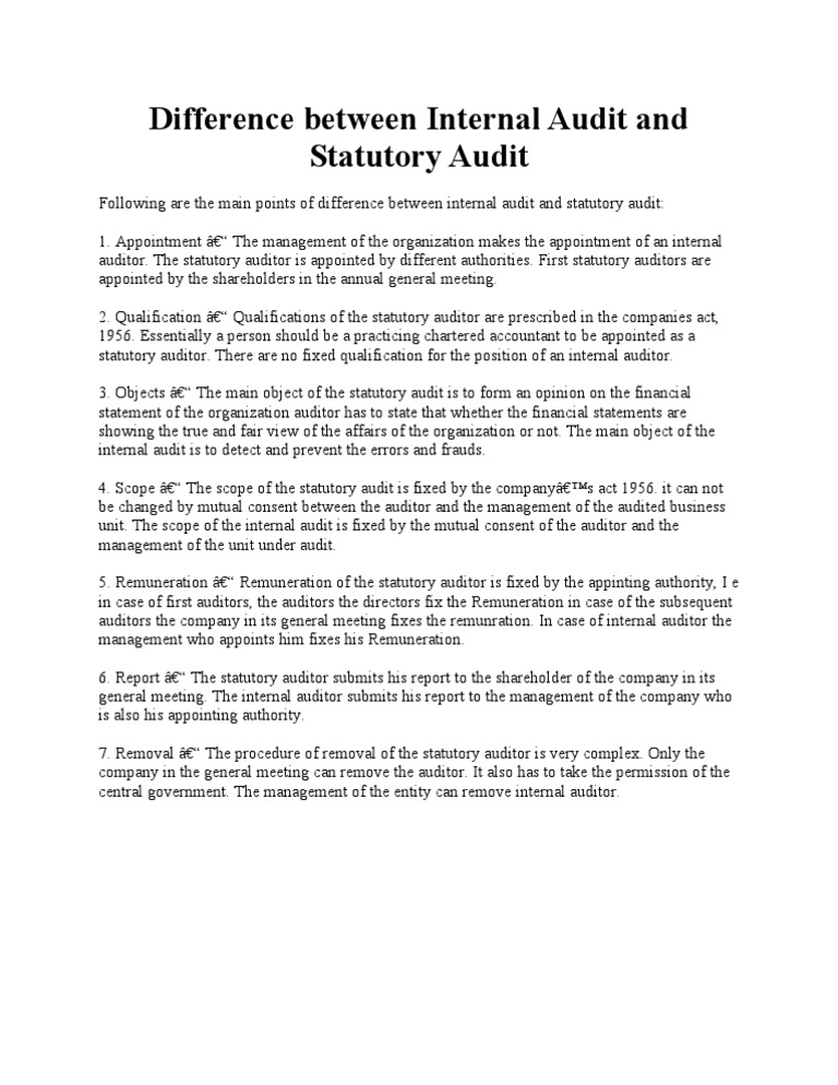 Difference Between Internal Audit and Statutory Audit PDF Internal