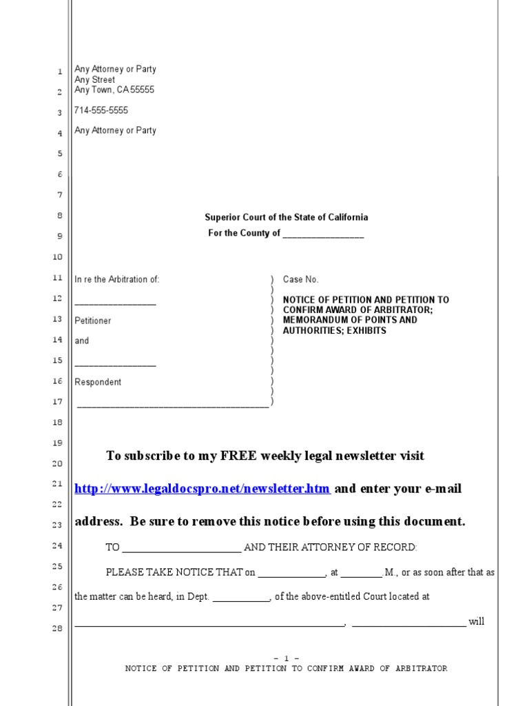Sample Petition to Confirm Arbitration Award for California