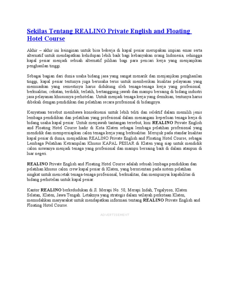 Sekilas Tentang Realino Private English And Floating Hotel Pdf Pelaut Pengiriman