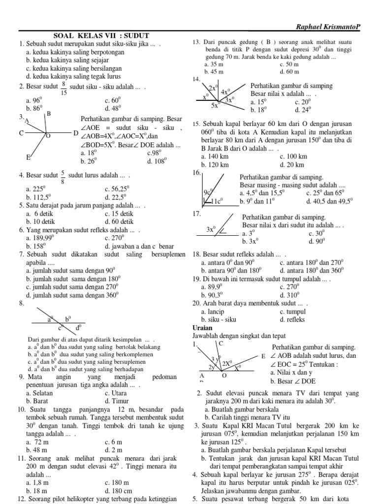 Contoh Soal: Kumpulan Soal Matematika Garis Dan Sudut Kelas 7