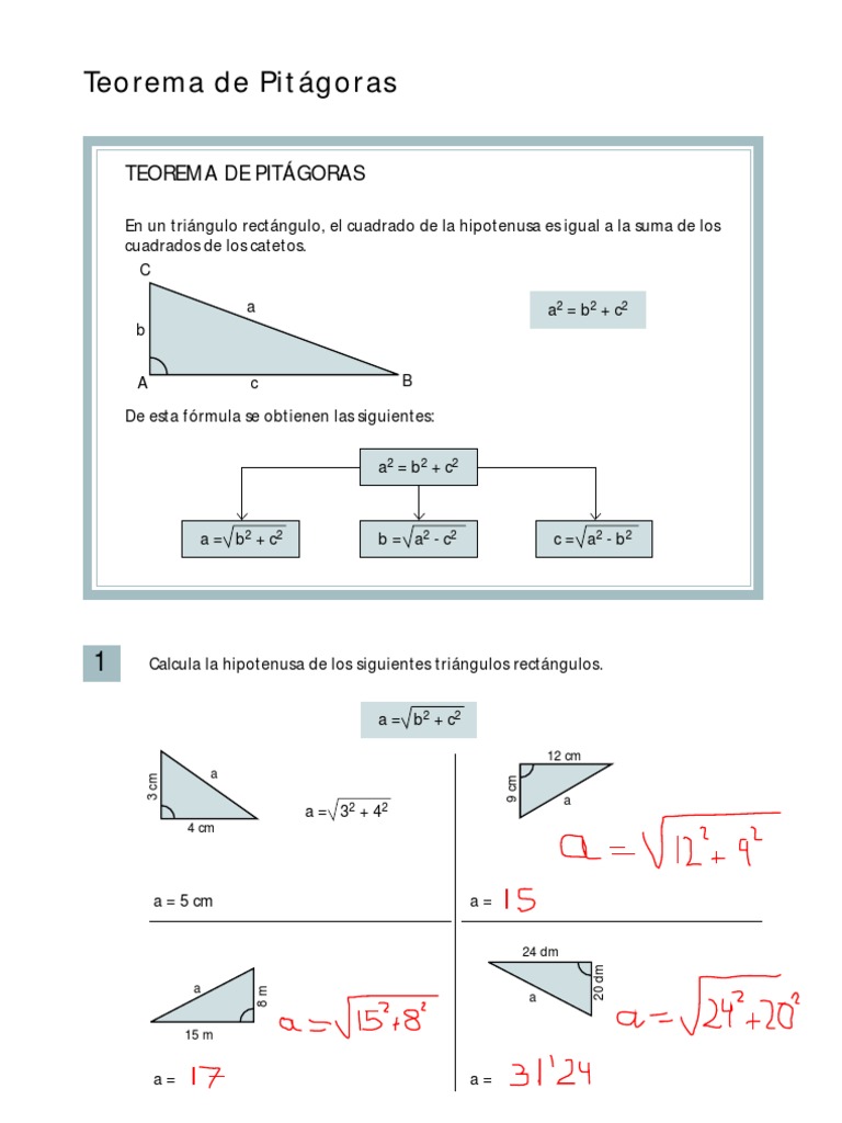 Ejercicios Teorema De Pitagoras Resueltos