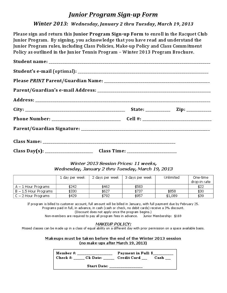 Junior Program Signup Form Winter 2013 | PDF