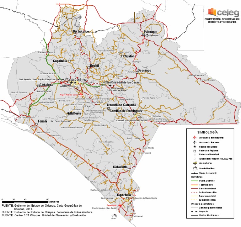 Chiapas Principales localidades y vías de