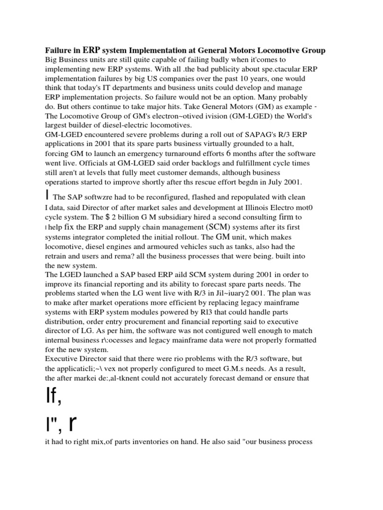 Failure in ERP System Implementation at General Motors Group PDF Enterprise