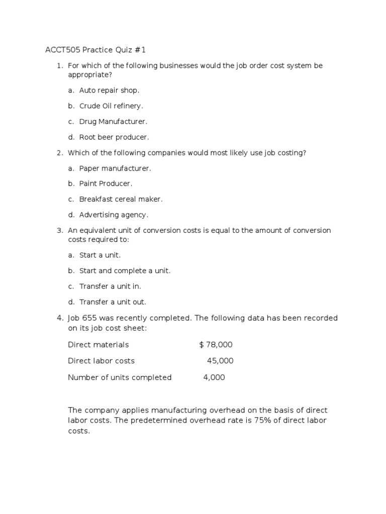 Acct 505 Practice Quiz 1 | PDF | Cost Of Goods Sold | Cost
