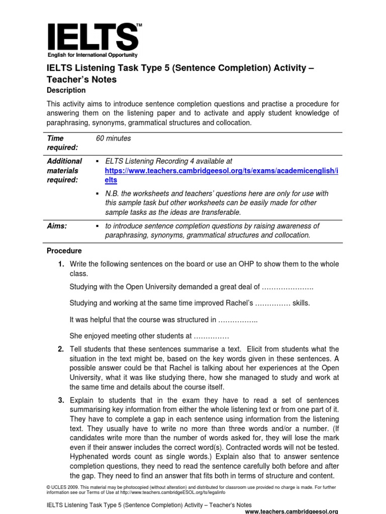 Ielts Listening Task 5 Sentence Completion Pdf International