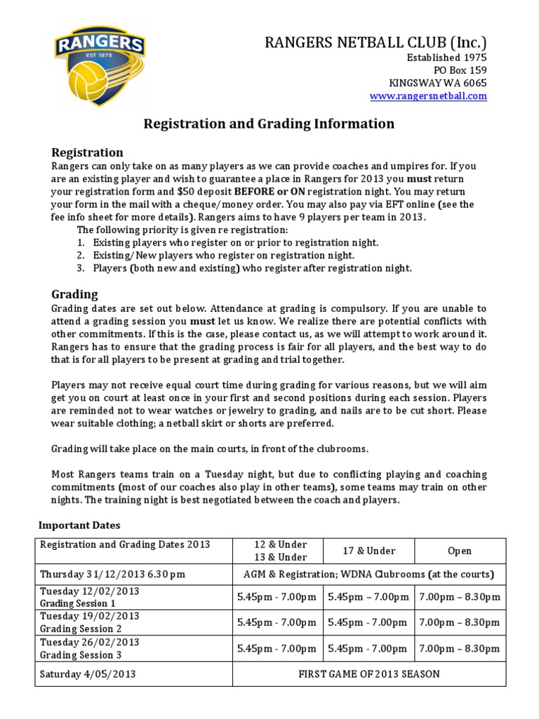 Rangers Netball 2013 Registration Info | PDF | Government | Business
