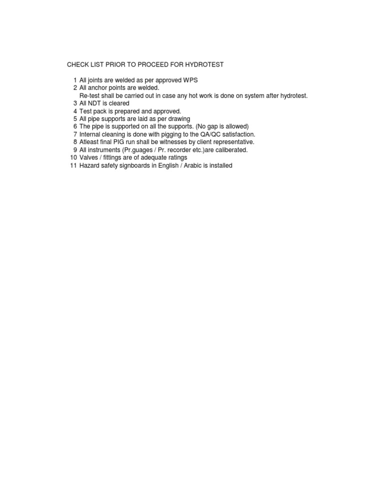 Hydrotest Pre-Inspection Checklist | PDF