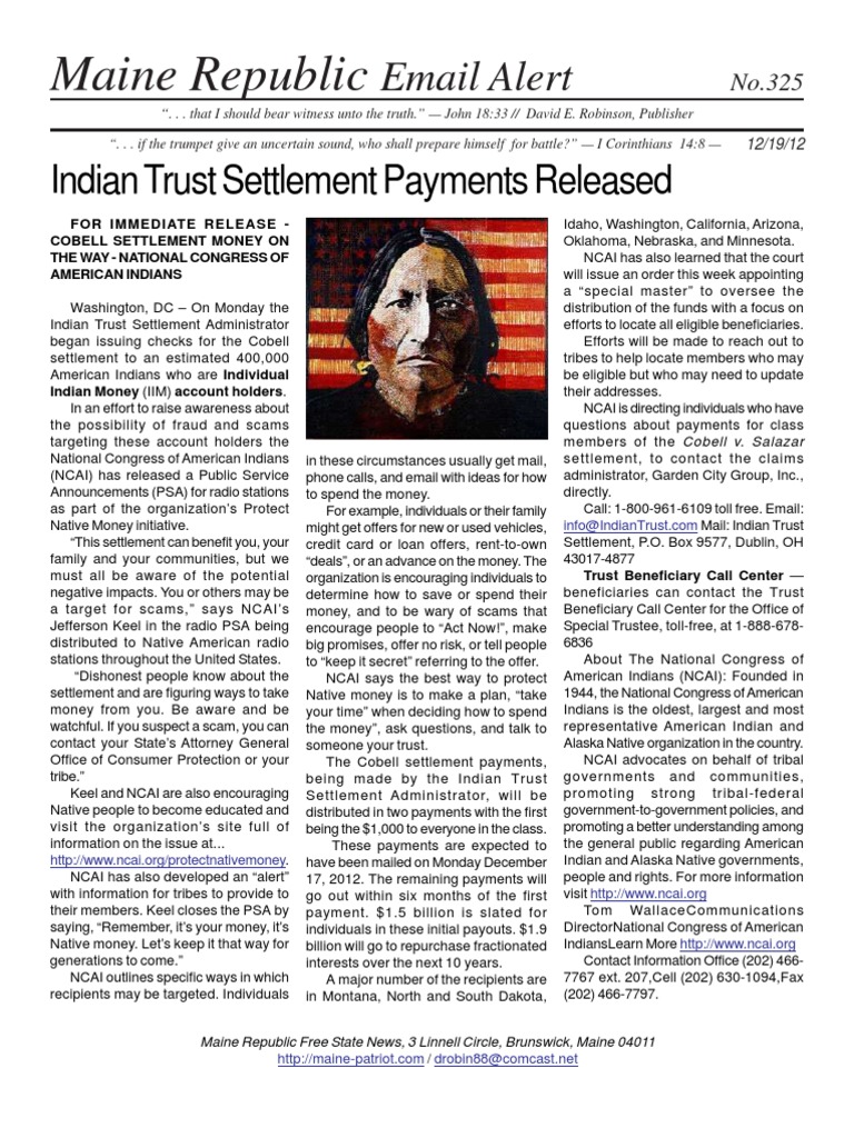 Cobell Settlement Payments Alert | PDF | Native Americans In The United ...