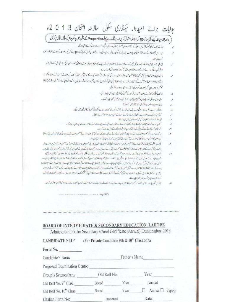 10th Class Admission Form 2025 Lahore | PDF | Secondary Education | Schools