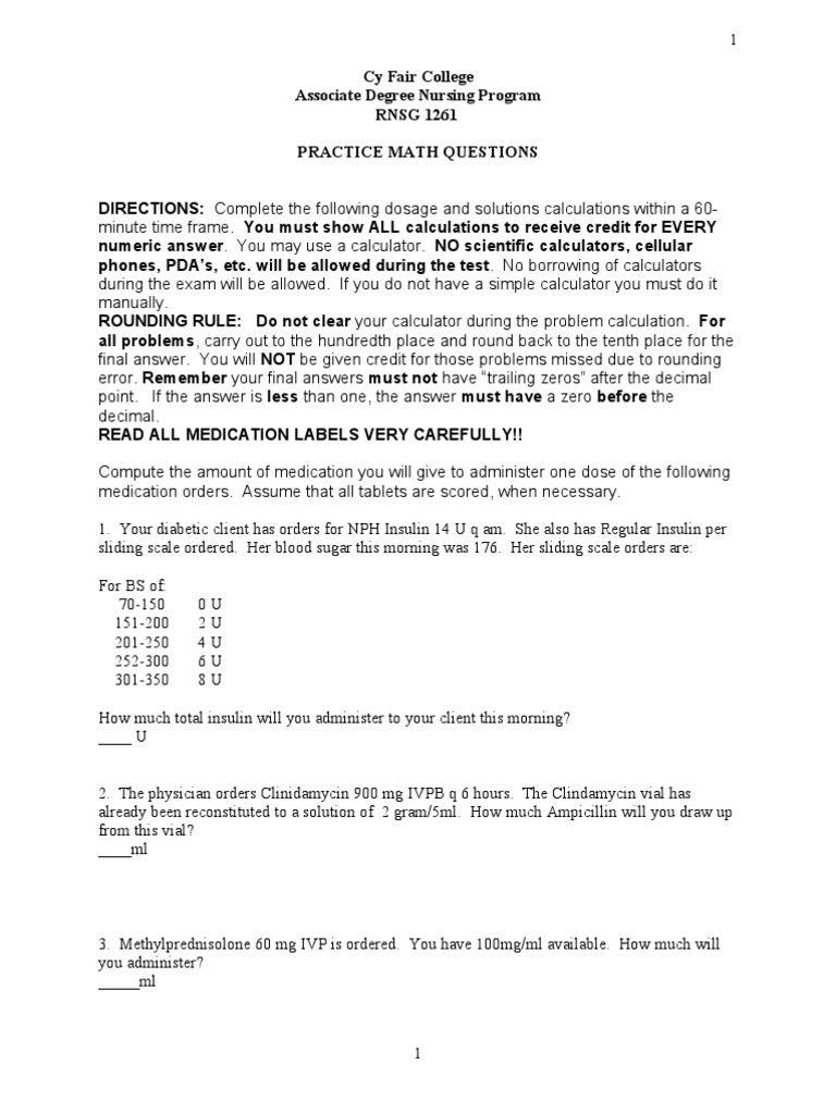 Practice Math Questions 1261 | Drugs | Clinical Medicine