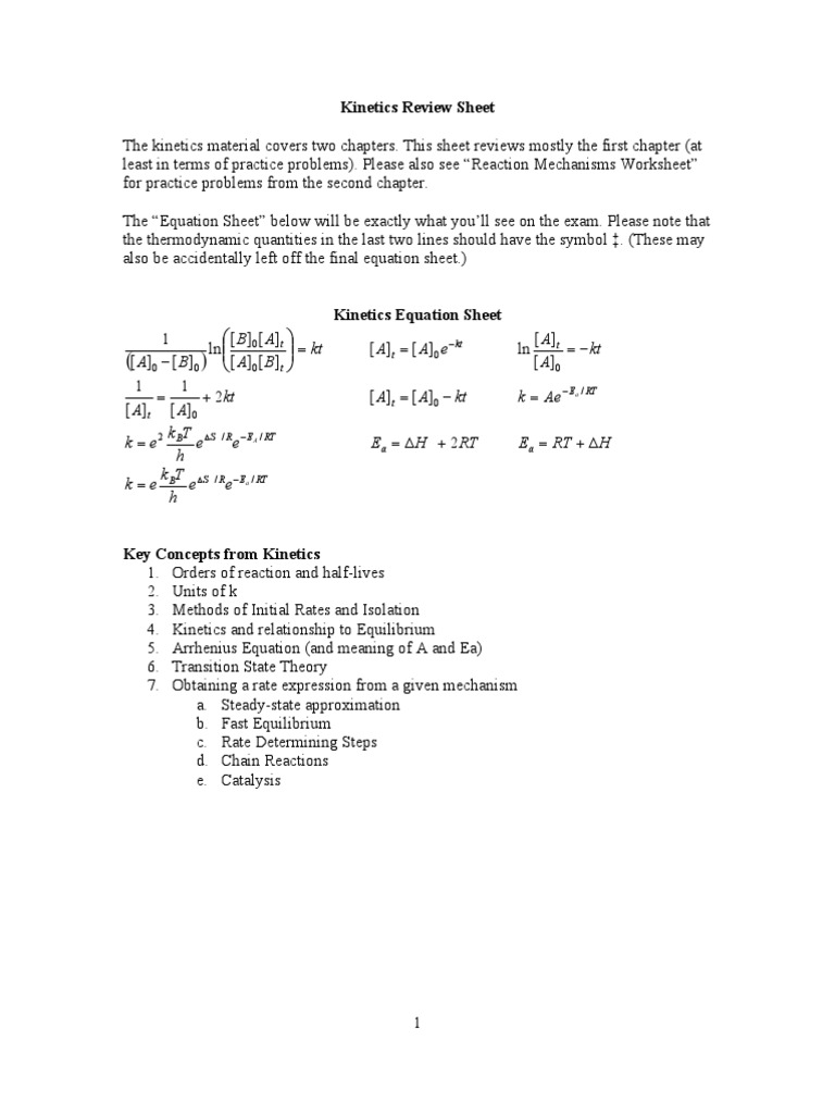 Review Sheet Chemical Reactions Chemical Reaction Engineering