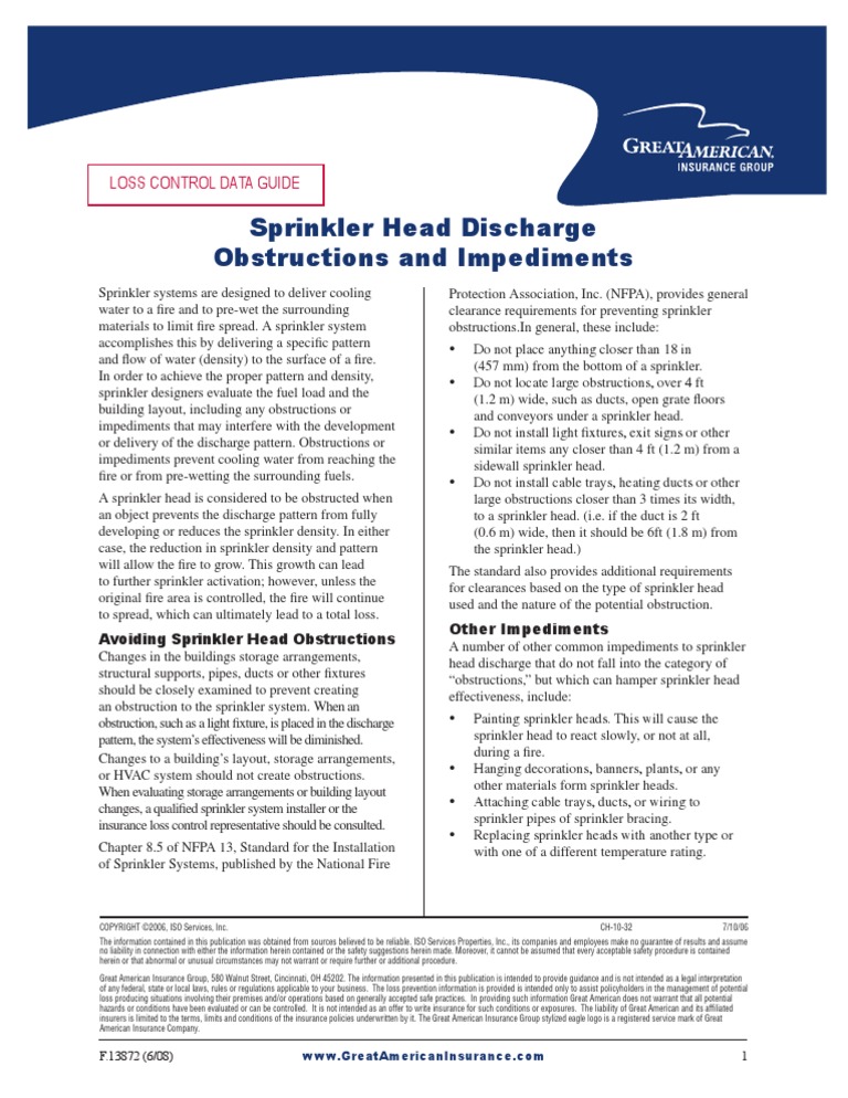 Sprinkler Head Discharge Obstructions and Impediments PDF Fire Sprinkler System Insurance