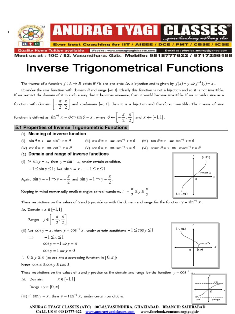 Class 12 Inverse Trigonometric Notes | PDF | Sine | Trigonometric Functions