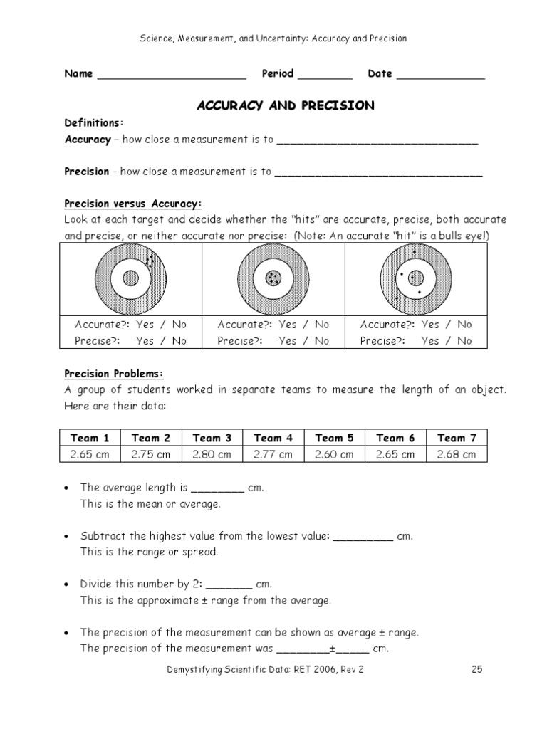 Worksheet Accuracy And Precision Final Accuracy And Precision Measurement