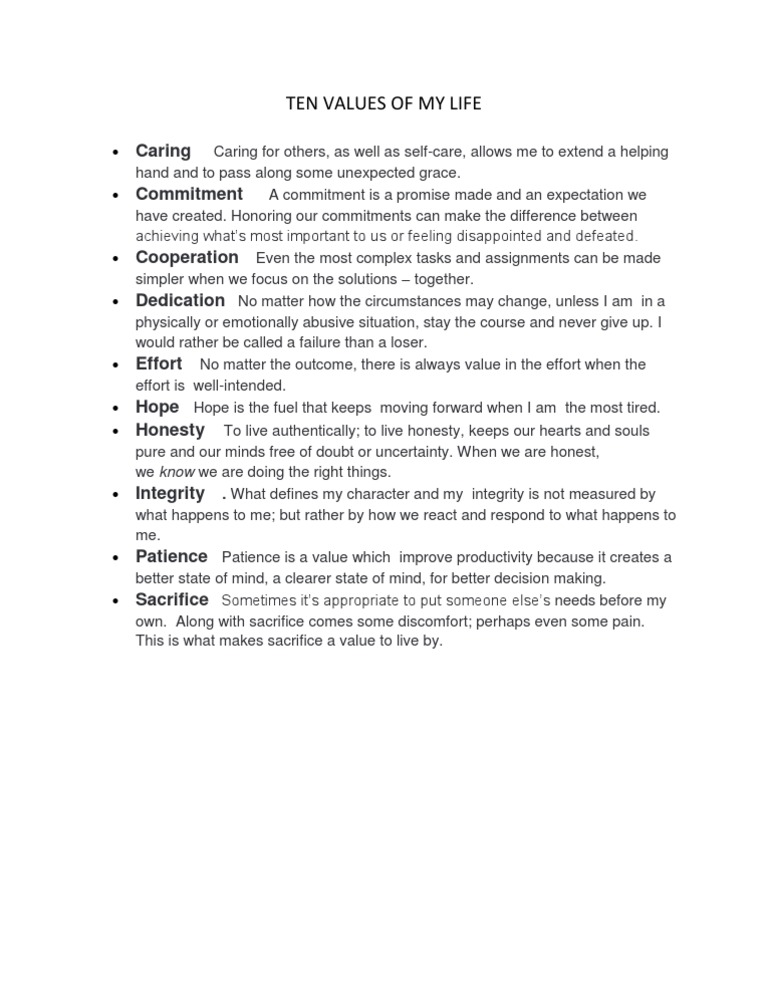 Ten Values of My Life: Caring Commitment | PDF | Self-Improvement ...