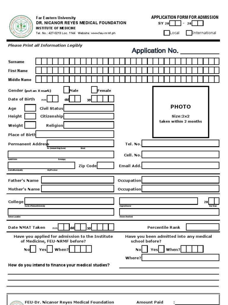 FEU-NRMF Medical School Admission Form | PDF | Medical School | Social ...
