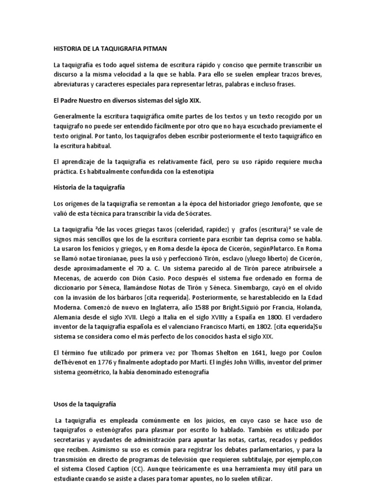 Historia de La Taquigrafia de Pitman Taquigrafía Escritura
