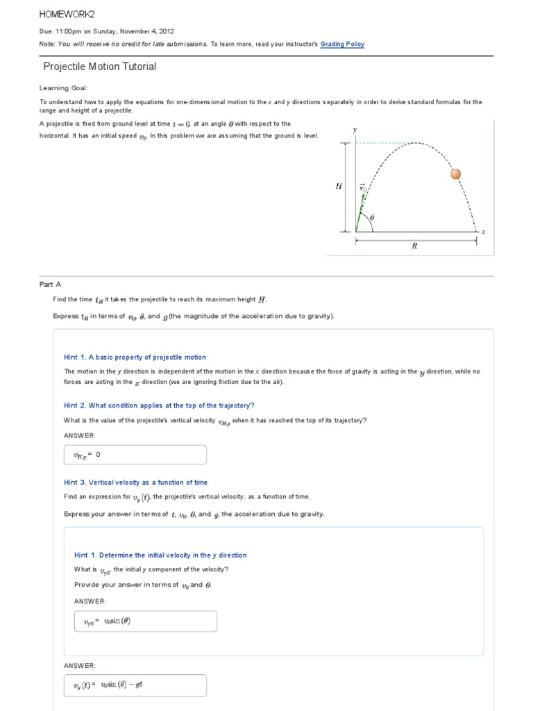 Physics homework number 13 two dimensional projectiles answers image