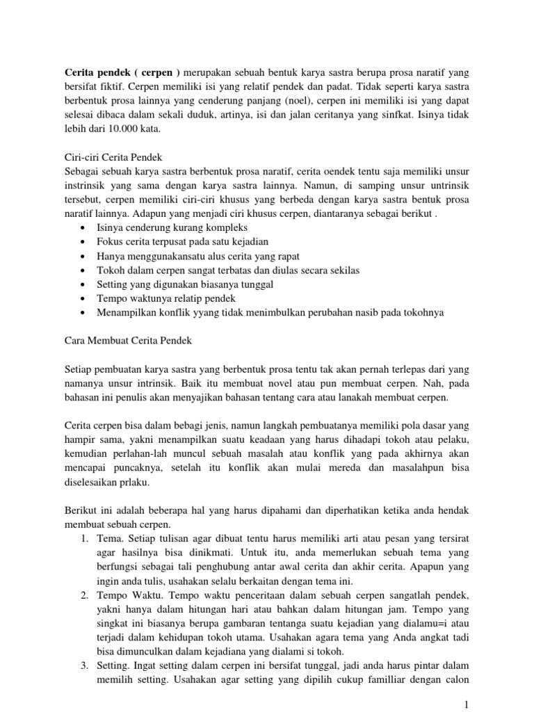 Ciri Ciri Cerpen Contohnya