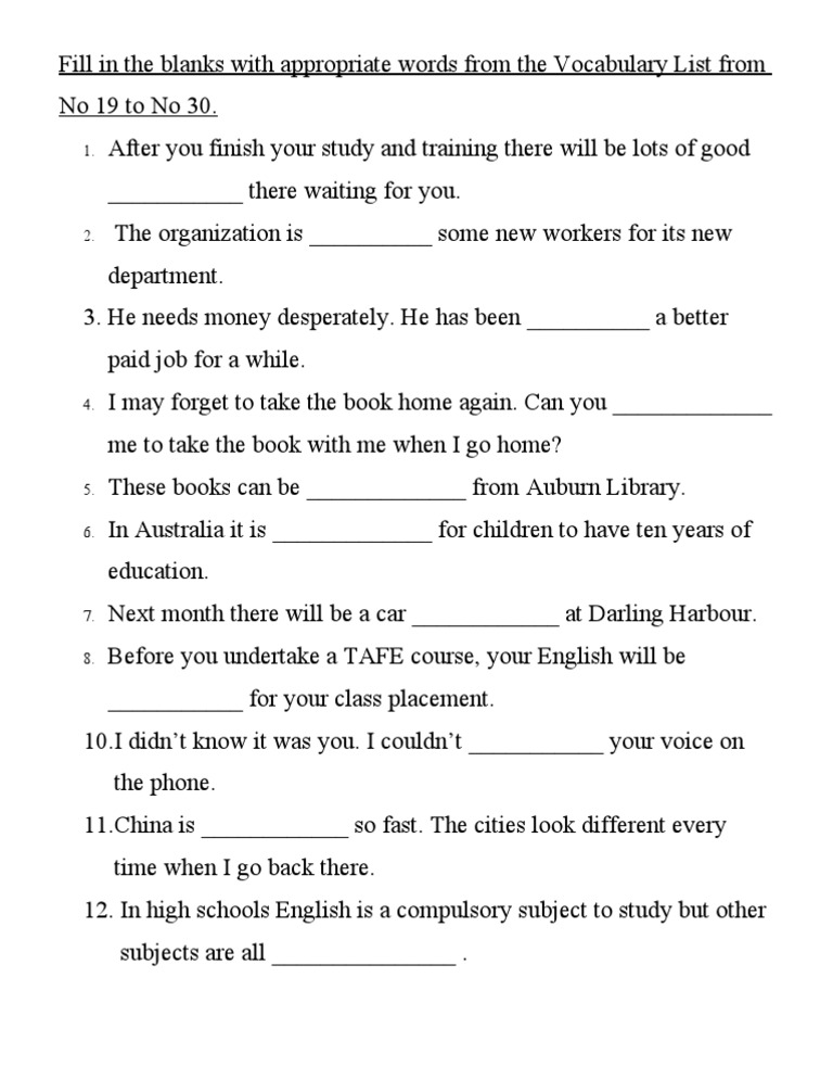 Vocabulary Fill-in-the-Blanks Exercise | PDF