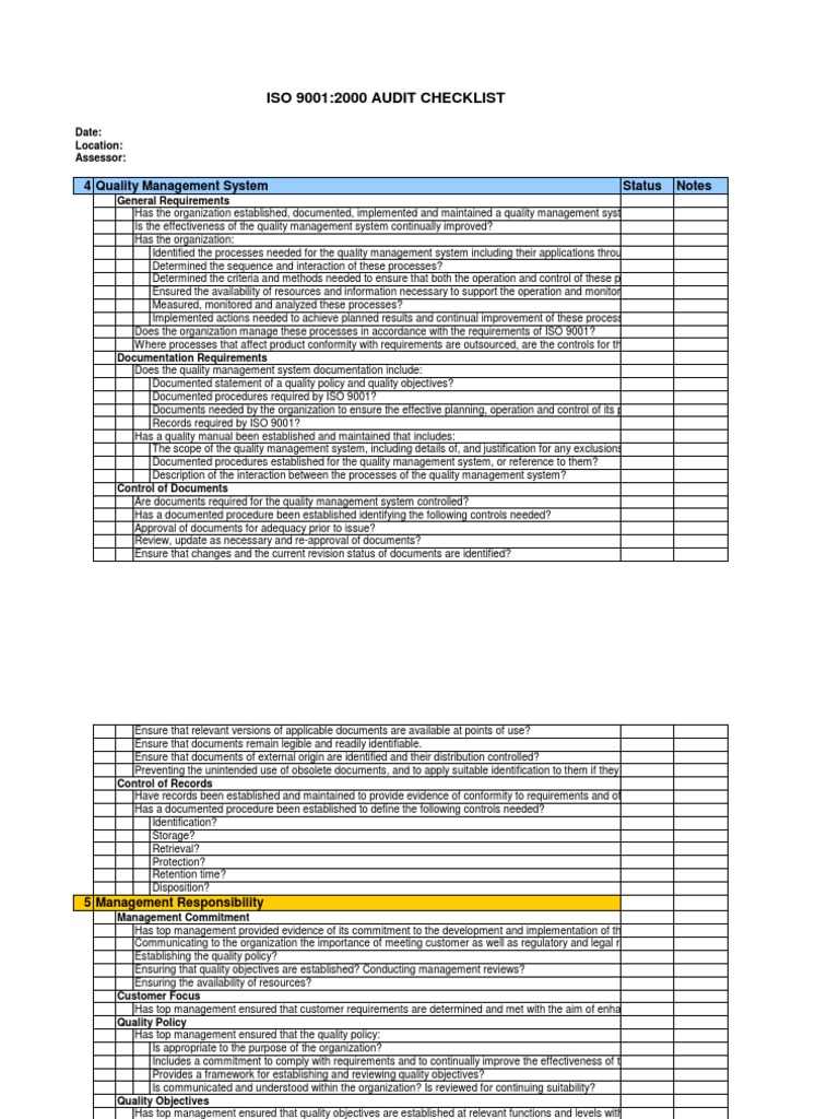 Iso 9001:2000 Audit Checklist: 4 Quality Management System Status Notes ...