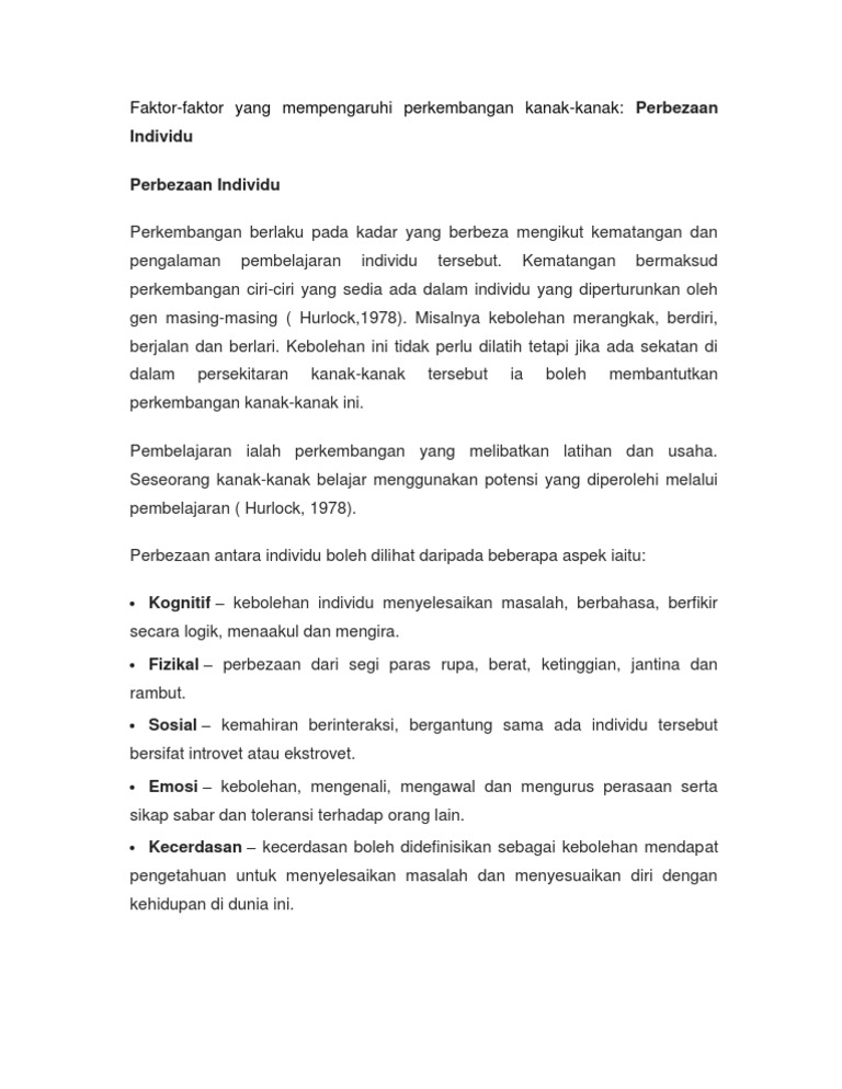 Faktor Faktor Yang Mempengaruhi Perkembangan Kanak Perbezaan Individu Pdf