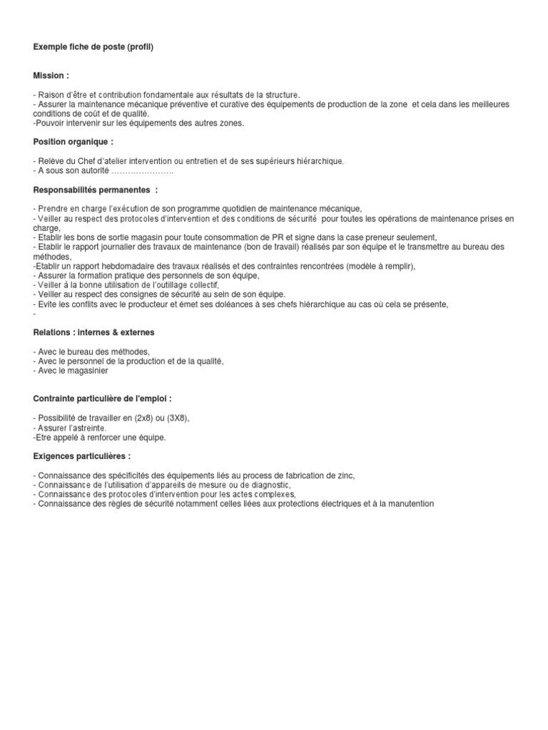 exemple fiche de poste