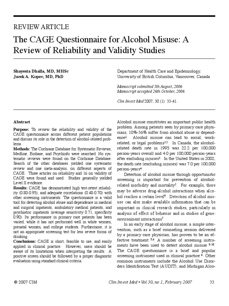 CAGE questionnaire for alcohol misuse Alcoholism Alcohol Abuse