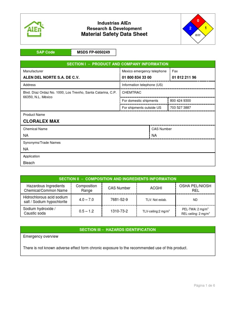 Cloralex Max Msds Sodium Personal Protective Equipment