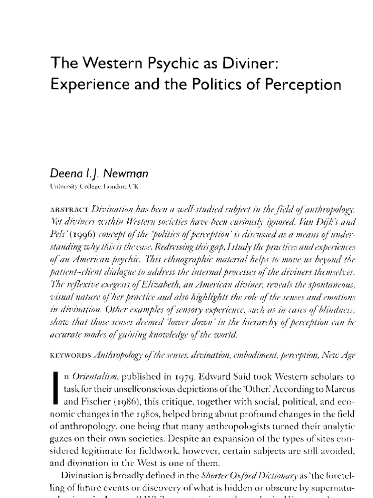 Newman Deena The Western Psychic As Diviner Pdf Phenomenology
