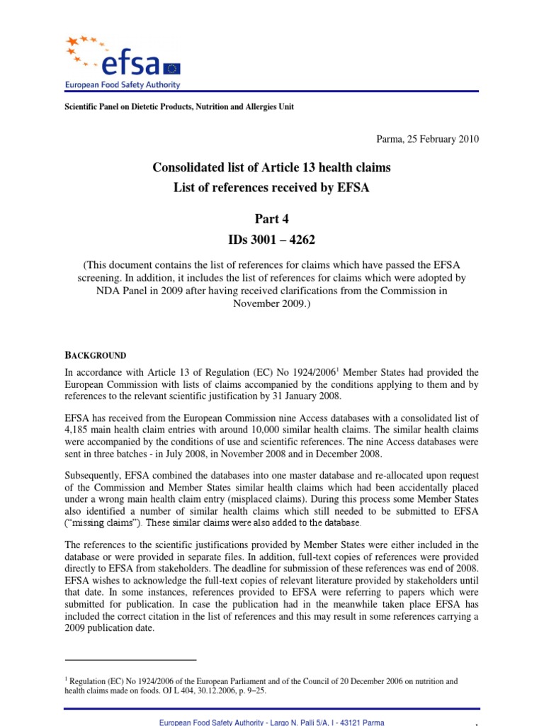 EFSA Evaluation of Article 13 Claims List of References Part
