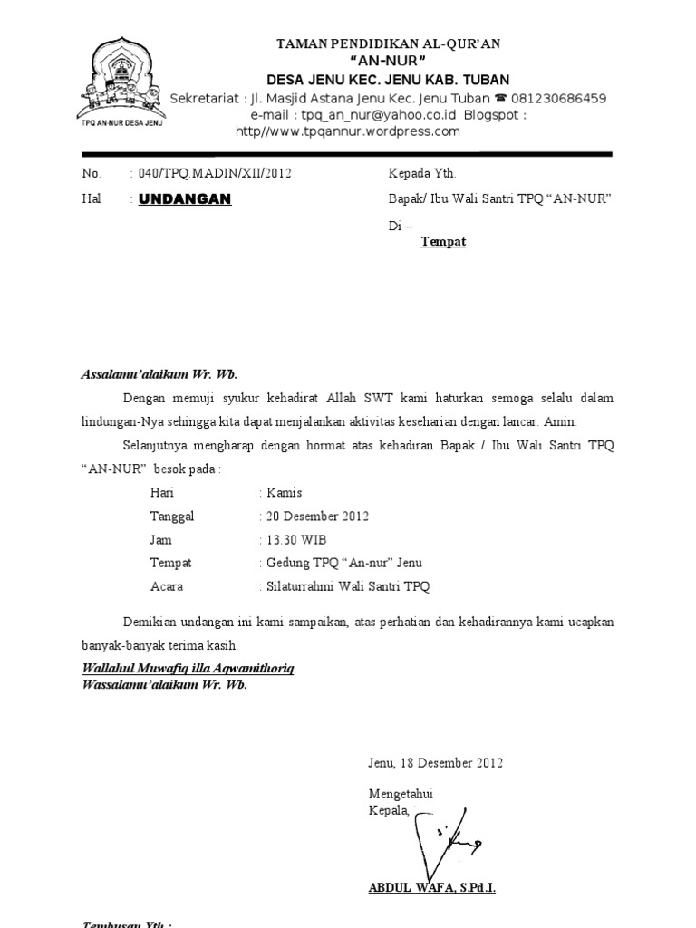 Contoh Surat Undangan Rapat Untuk Wali Murid