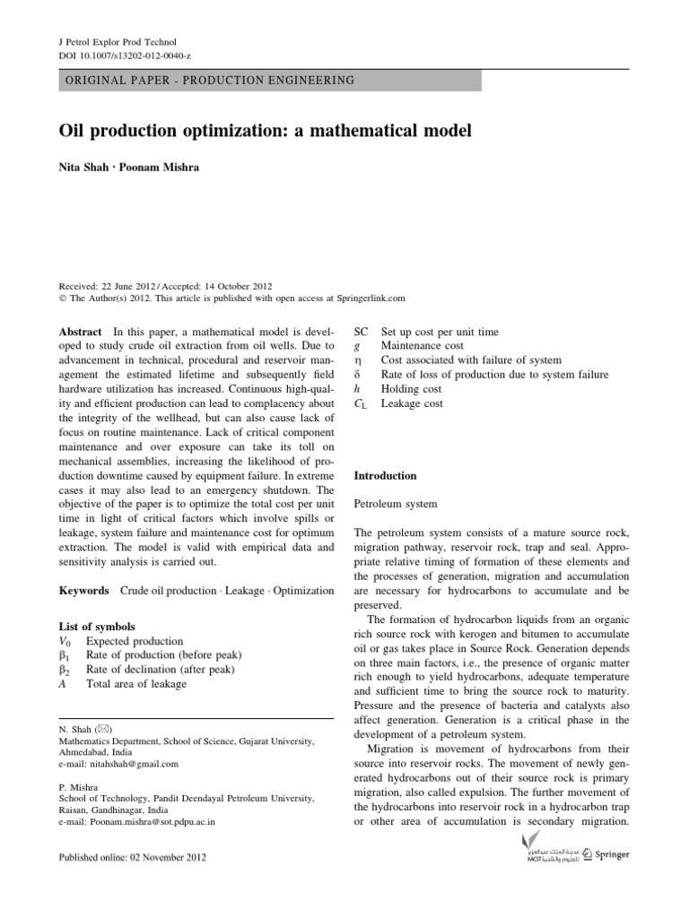 Oil Production Optimization Model | PDF | Hydrocarbon Exploration ...