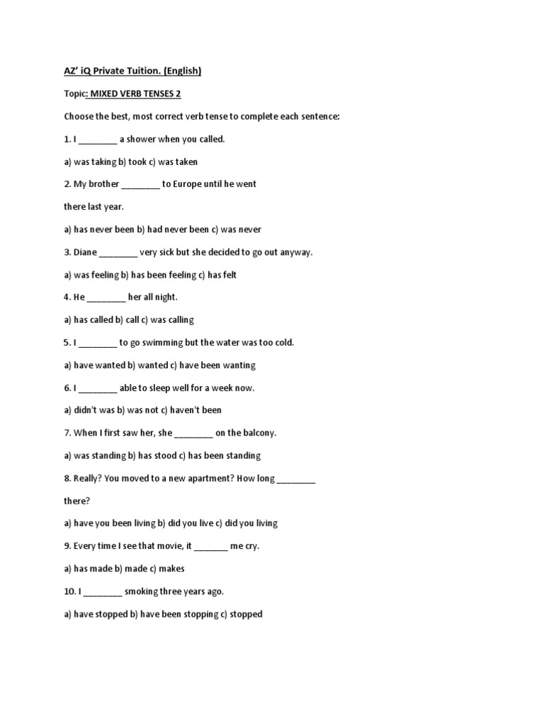 Mixed Verb Tenses Practice Quiz | PDF