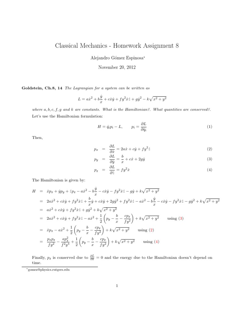 Homework 8 Hamiltonian Mechanics Lagrangian Mechanics