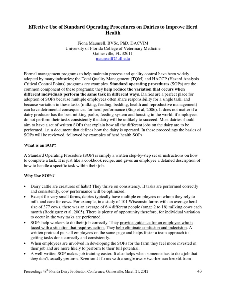 Effective Use of Standard Operating Procedures on Dairies to Improve