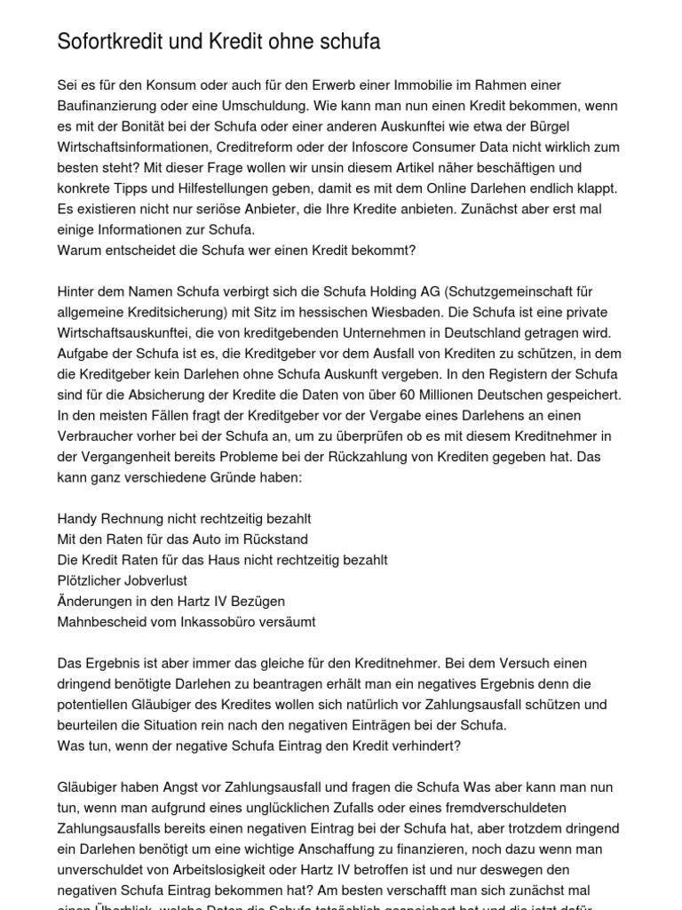 Sofortkredit Und Kredit Ohne Schufa