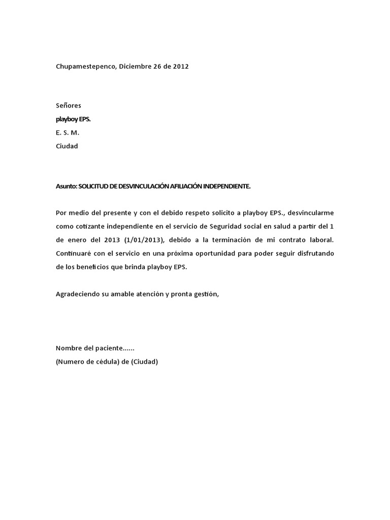Modelo de carta para eps